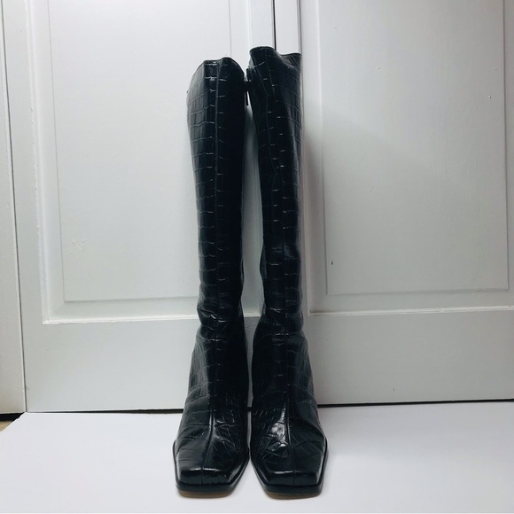 COUP D’ETAT Black Crock Print Leather High Heel Boots Size 9.5B - Picture 3 of 11